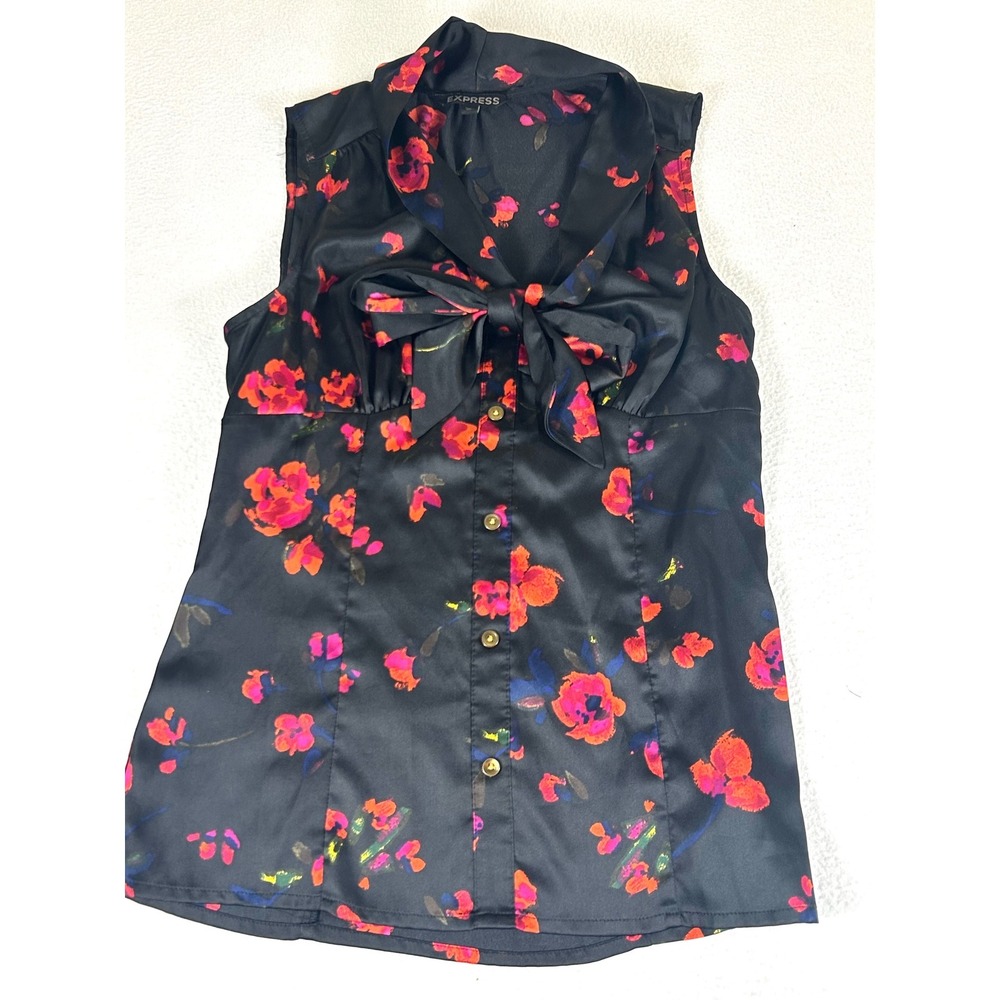 Express Floral Sleeveless Blouse Womens XS Black Bow Satin Button Up Top
